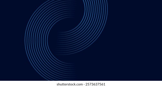 Abstract blue glowing geometric lines on dark blue background. Modern shiny blue circle lines pattern. Futuristic technology concept. Suit for cover, poster, banner, header, website.eps10