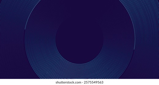 Abstract blue glowing geometric lines on dark blue background. Modern shiny blue circle lines pattern. Futuristic technology concept. Suit for cover, poster, banner, header, website.