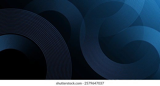 Abstract blue glowing geometric lines on dark blue background. Modern shiny blue circle lines pattern. Futuristic technology concept. Suit for cover, poster,