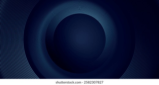 Abstract blue glowing geometric lines on dark blue background. Modern shiny blue circle lines pattern. Futuristic technology concept. Suit for cover, poster