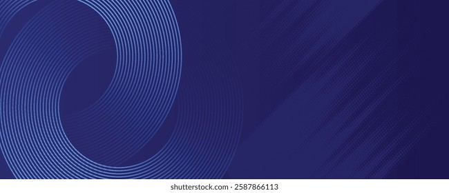 Abstract blue glowing geometric lines on dark blue background. Modern shiny blue circle lines pattern. Futuristic technology concept. Suit for cover, poster, banner, brochure, header, website