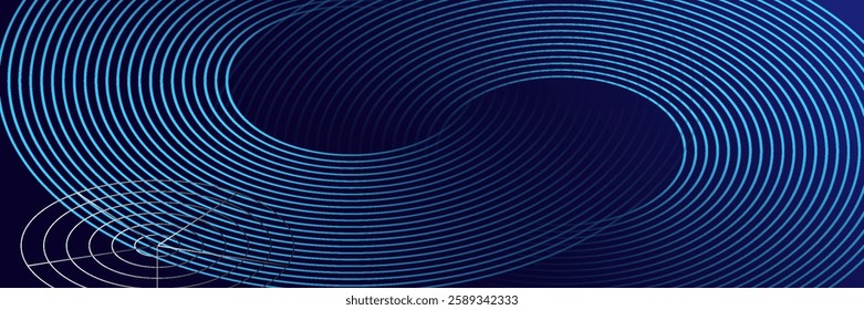 Abstract blue glowing geometric lines on dark blue background. Modern shiny blue circle lines pattern. Futuristic technology concept. Suit for cover, poster, banner, brochure, header, website