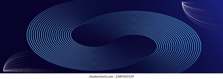 Abstract blue glowing geometric lines on dark blue background. Modern shiny blue circle lines pattern. Futuristic technology concept. Suit for cover, poster, banner, brochure, header, website