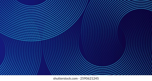 Abstract blue glowing geometric lines on dark blue background. Modern shiny blue circle lines pattern. Futuristic technology concept. Suit for cover, poster, banner, header, website