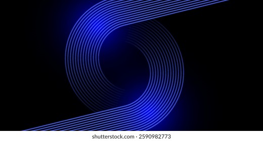 Abstract blue glowing geometric lines on dark blue background. Modern shiny blue circle lines pattern. Futuristic technology concept. Suit for cover, poster, banner, brochure, header, website