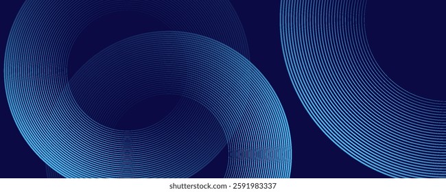 Abstract blue glowing geometric lines on dark blue background. Modern shiny blue circle lines pattern. Futuristic technology concept. Suit for cover, poster, banner, brochure, header, website