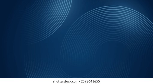 Abstract blue glowing geometric lines on a dark blue background. Modern shiny circular pattern, perfect for futuristic technology-themed covers, posters, banners, brochures, headers, and websites.
