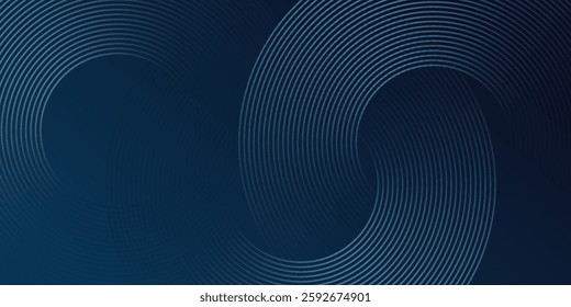 Abstract blue glowing geometric lines on dark blue background. Modern shiny blue circle lines pattern. Futuristic technology concept. Suit for cover, poster, banner, header, website.