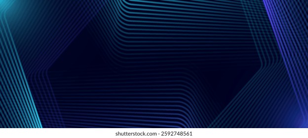 Abstract blue glowing geometric lines on dark background. Modern shiny blue rounded square lines pattern. Futuristic technology concept
