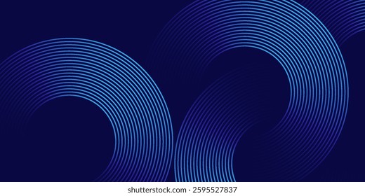 Abstract blue glowing geometric lines on dark blue background. Modern shiny blue circle lines pattern. Futuristic technology concept. Suit for cover, poster, banner, brochure, header, website
