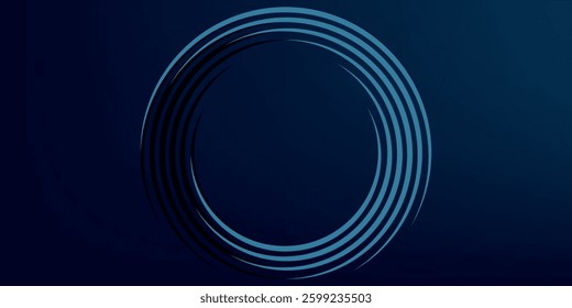 Abstract blue glowing geometric lines on dark blue background. Modern shiny blue circle lines pattern. Futuristic technology concept. Suit for cover, poster, banner, header, website.eps10	