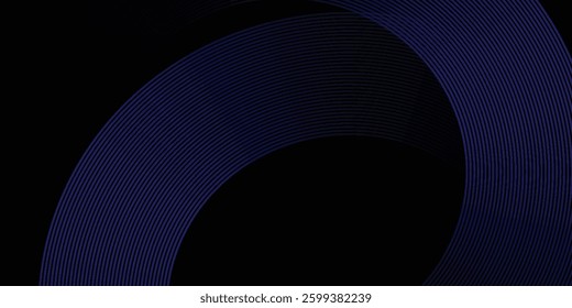 Abstract blue glowing geometric lines on dark black background. Modern shiny blue circle lines pattern. Futuristic technology concept. Suit for cover, poster, banner, brochure, header, website