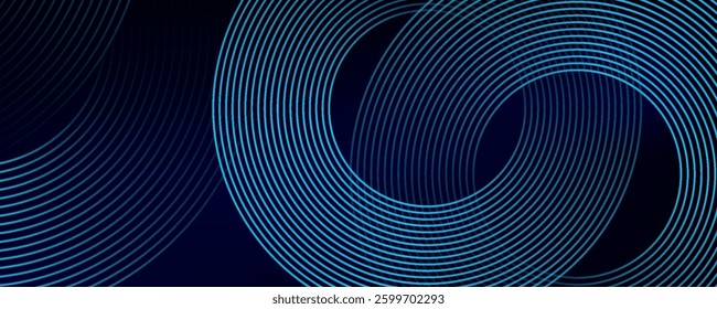 Abstract blue glowing geometric lines on dark blue background. Modern shiny blue circle lines pattern. Futuristic technology concept. Suit for cover, poster, banner, brochure, header, website
