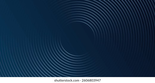 Abstract blue glowing geometric lines on dark blue background. Modern shiny blue circle lines pattern. Futuristic technology concept. Suit for cover, poster, banner, header, website.