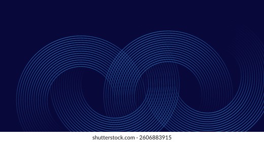 Abstract blue glowing geometric lines on dark blue background. Modern shiny blue circle lines pattern. Futuristic technology concept. Suit for cover, poster, banner, brochure, header, website