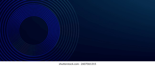 Abstract blue glowing geometric lines on dark blue background. Modern shiny blue circle lines pattern. Futuristic technology concept. Suit for cover, poster, banner, header, website.eps10	