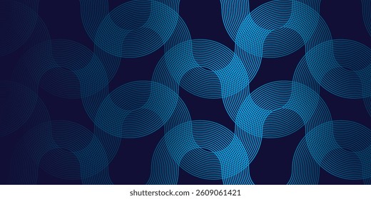 Abstract blue glowing geometric lines on dark blue background. Modern shiny blue circle lines pattern. Futuristic technology concept. Suit for cover, poster, banner, brochure, header, website
