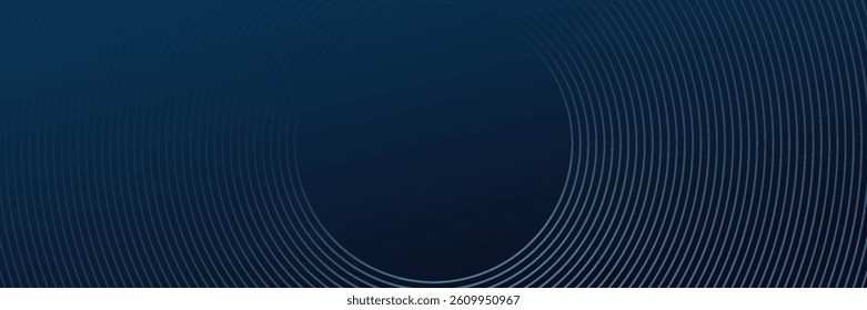 Abstract blue glowing geometric lines on dark blue background. Modern shiny blue circle lines pattern. Futuristic technology concept. Suit for cover, poster, banner, header, website.