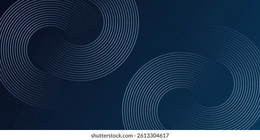 Abstract blue glowing geometric lines on dark blue background. Modern shiny blue circle lines pattern. Futuristic technology concept. Suit for cover, poster, banner, header, website.