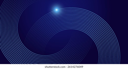 Abstract blue glowing geometric lines on dark blue background. Modern shiny blue circle lines pattern. Futuristic technology concept. Suit for cover, poster, banner, brochure, header, website