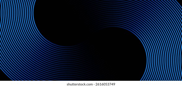 Abstract blue glowing geometric lines on black background. Modern shiny blue circle lines pattern. Futuristic technology concept. Suit for cover, poster, banner, brochure, header, website