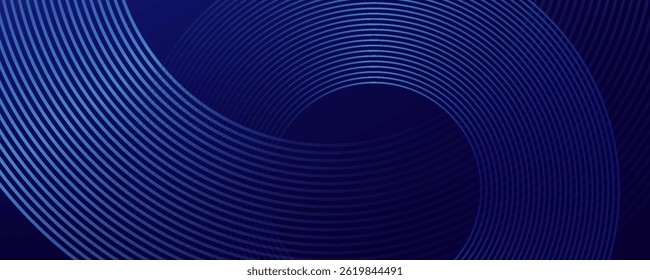 Líneas geométricas brillantes azules Abstractas sobre fondo azul oscuro. Moderno patrón de líneas de círculo azul brillante. Concepto de tecnología futurista. Traje para la cubierta, cartel, Anuncio, folleto, cabecera, Sitio web