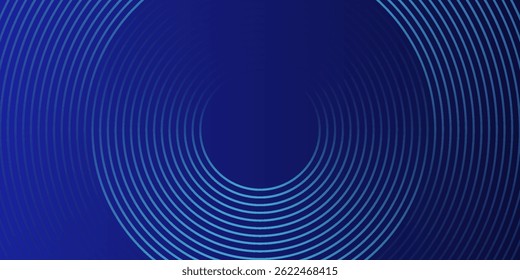 Abstract blue glowing geometric lines on dark blue background. Modern shiny blue circle lines pattern. Futuristic technology concept. Suit for cover, poster, banner, header, website.