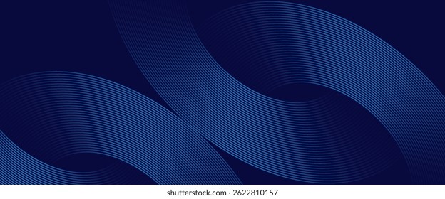 Linhas geométricas brilhantes em azul escuro no fundo. Padrão moderno de linhas de círculo azul brilhante. Conceito de tecnologia futurista. Terno para capa, cartaz, banner, brochura, site