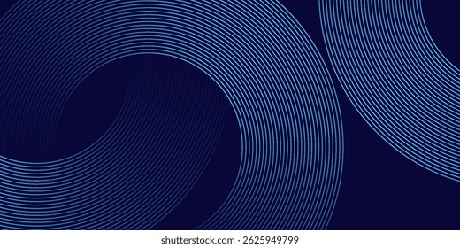 Linhas geométricas brilhantes em azul escuro no fundo. Padrão moderno de linhas de círculo azul brilhante. Conceito de tecnologia futurista. Terno para capa, cartaz, banner, brochura, cabeçalho, site