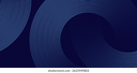 Abstract blue glowing geometric lines on dark blue background. Modern shiny blue circle lines pattern. Futuristic technology concept. Suit for cover, poster, banner, brochure, header, website