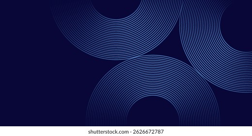Líneas geométricas brillantes azules Abstractas sobre fondo azul oscuro. Moderno patrón de líneas de círculo azul brillante. Concepto de tecnología futurista. Traje para la cubierta, cartel, Anuncio, folleto, cabecera, Sitio web