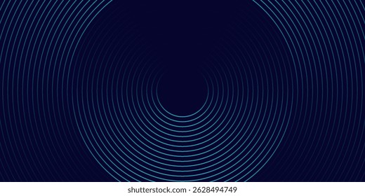 Abstract blue glowing geometric lines on dark blue background. Modern shiny blue circle lines pattern. Futuristic technology concept. Suit for cover, poster, banner, header, website.