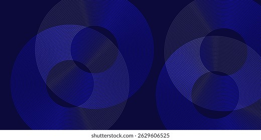 Linhas geométricas brilhantes em azul escuro no fundo. Padrão moderno de linhas de círculo azul brilhante. Conceito de tecnologia futurista. Terno para capa, cartaz, banner, brochura, cabeçalho, site