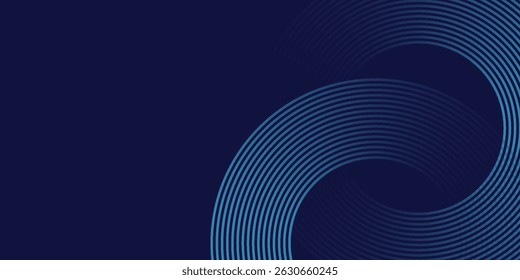 Abstract blue glowing geometric lines on dark blue background. Modern shiny blue circle lines pattern. Futuristic technology concept. Suit for cover, poster, banner. 