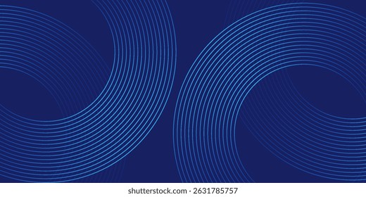 Linhas geométricas brilhantes em azul escuro no fundo. Padrão moderno de linhas de círculo azul brilhante. Conceito de tecnologia futurista. Terno para capa, cartaz,