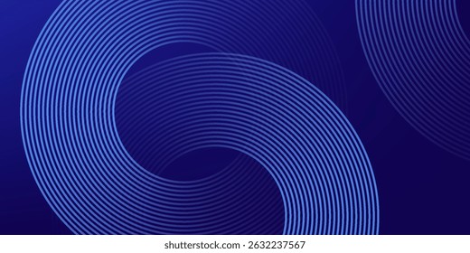 Linhas geométricas brilhantes em azul escuro no fundo. Padrão moderno de linhas de círculo azul brilhante. Conceito de tecnologia futurista. Terno para capa, cartaz, banner, brochura, cabeçalho, site