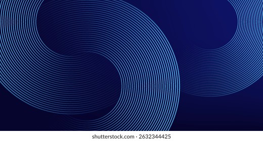 Linhas geométricas brilhantes em azul escuro no fundo. Padrão moderno de linhas de círculo azul brilhante. Conceito de tecnologia futurista. Terno para capa, cartaz, banner, brochura, cabeçalho, site