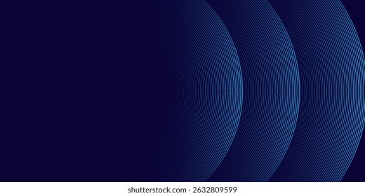 Linhas geométricas brilhantes em azul escuro no fundo. Padrão moderno de linhas de círculo azul brilhante. Conceito de tecnologia futurista. Terno para capa, cartaz, banner, brochura, cabeçalho, site
