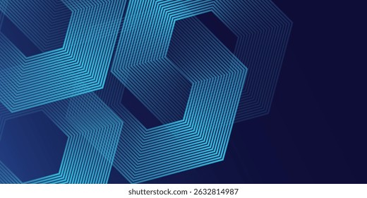 Abstract blue glowing geometric lines on dark blue background. Modern shiny blue hexagon lines pattern. Geometric stripe line art design. Technology futuristic concept.
