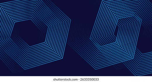 Abstract blue glowing geometric lines on dark blue background. Modern shiny blue hexagon lines pattern. Geometric stripe line art design. Technology futuristic concept.