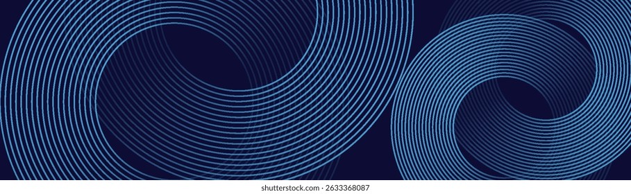 Linhas geométricas brilhantes em azul escuro no fundo. Padrão moderno de linhas de círculo azul brilhante. Conceito de tecnologia futurista. Terno para capa, cartaz, banner, brochura, cabeçalho, site