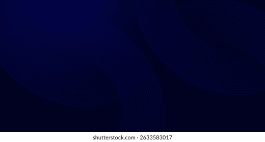 Linhas geométricas brilhantes em azul escuro no fundo. Padrão moderno de linhas de círculo azul brilhante. Conceito de tecnologia futurista. Terno para capa, cartaz, banner, brochura, cabeçalho, site