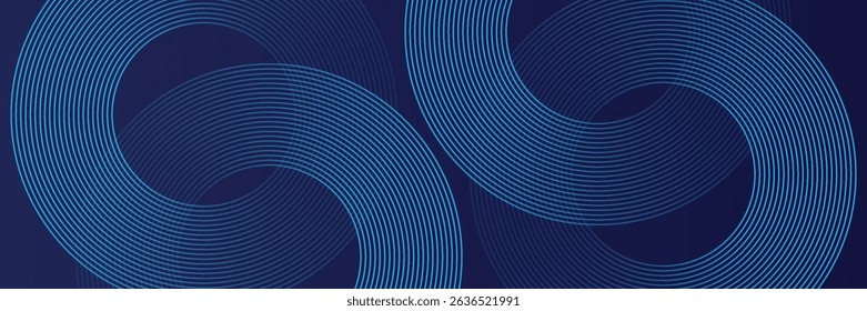 Abstract blue glowing geometric lines on dark blue background. Modern shiny blue circle lines pattern. Futuristic technology concept. Suit for cover, poster, banner eps 10.