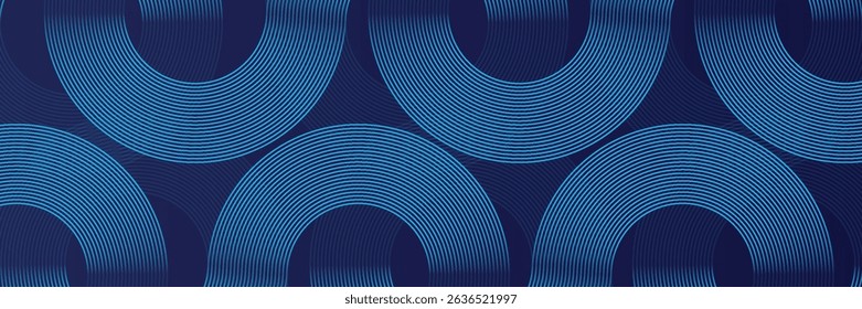 Abstract blue glowing geometric lines on dark blue background. Modern shiny blue circle lines pattern.