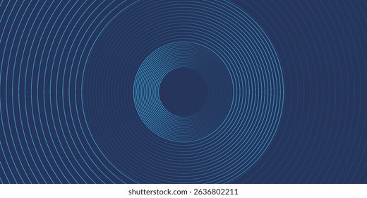 Linhas geométricas brilhantes em azul escuro no fundo. Padrão moderno de linhas de círculo azul brilhante. Conceito de tecnologia futurista. Terno para capa, cartaz, banner, brochura, cabeçalho, site