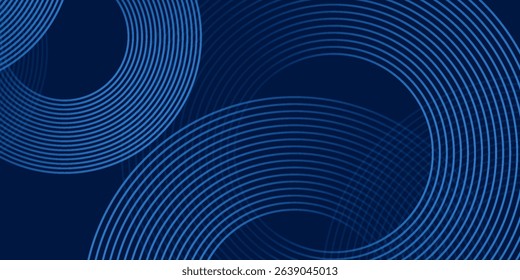 Abstract blue glowing geometric lines on dark blue background. Modern shiny blue circle lines pattern. Futuristic technology concept. Suit for cover, poster, banner, brochure, header, website