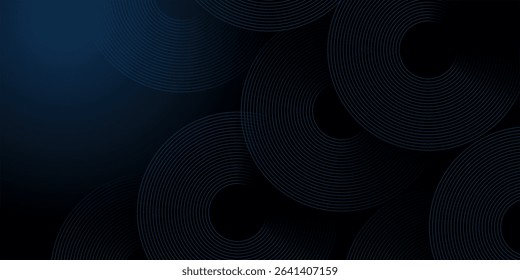 Abstract blue glowing geometric lines on dark blue background. Modern shiny blue circle lines pattern. Futuristic technology concept. Suit for cover, poster, banner, brochure, header, website