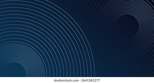 Abstract blue glowing geometric lines on dark blue background. Modern shiny blue circle lines pattern. Futuristic technology concept. Suit for cover, poster, banner, header, website.