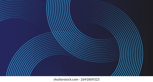 Abstract blue glowing geometric lines on dark blue background. Modern shiny circle lines pattern. Futuristic technology concept. Suit for cover, poster, banner, brochure, header, website vector	