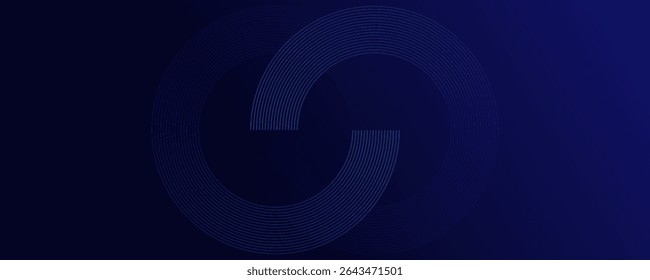 Linhas geométricas brilhantes em azul escuro no fundo. Padrão moderno de linhas de círculo azul brilhante. Conceito de tecnologia futurista. Terno para capa, cartaz, banner, brochura, cabeçalho, site